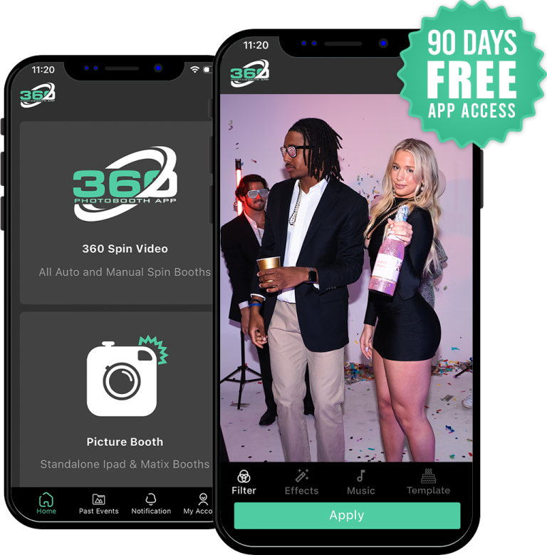 360 Photo Booth App on two phones showing 90 days free app access