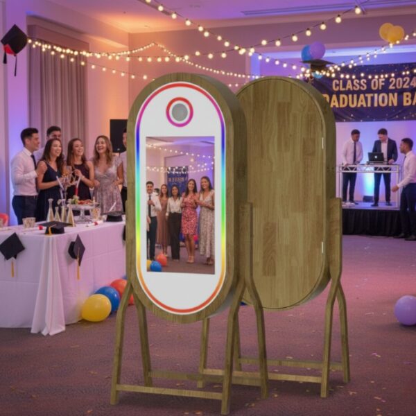 Complete Wooden Magic Mirror Photo Booth Package – Instant Print Digital Mirror Booth with Canon Camera, Printer, Touch Screen & Flight Case