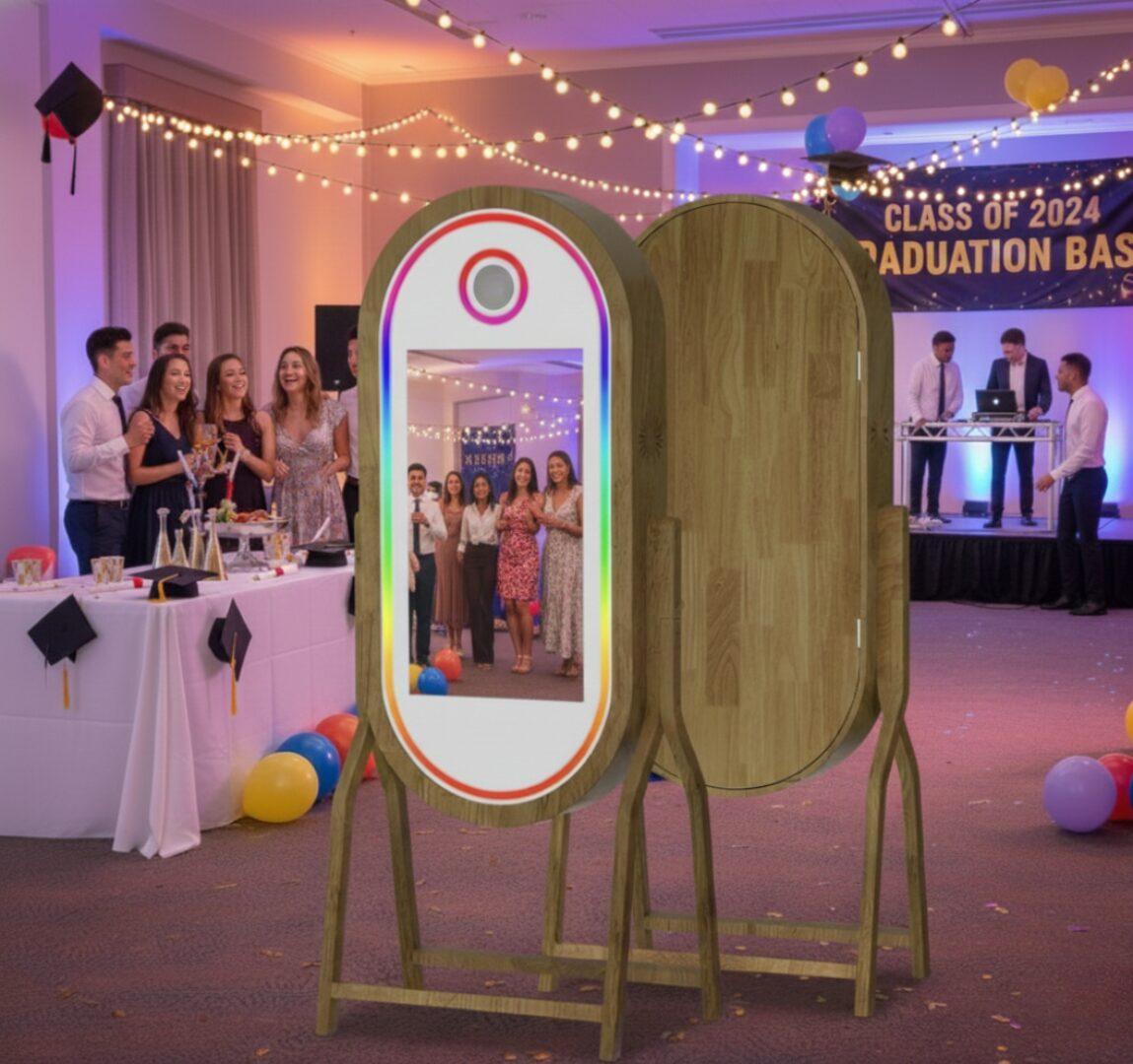 Complete Wooden Magic Mirror Photo Booth Package – Instant Print Digital Mirror Booth with Canon Camera, Printer, Touch Screen & Flight Case
