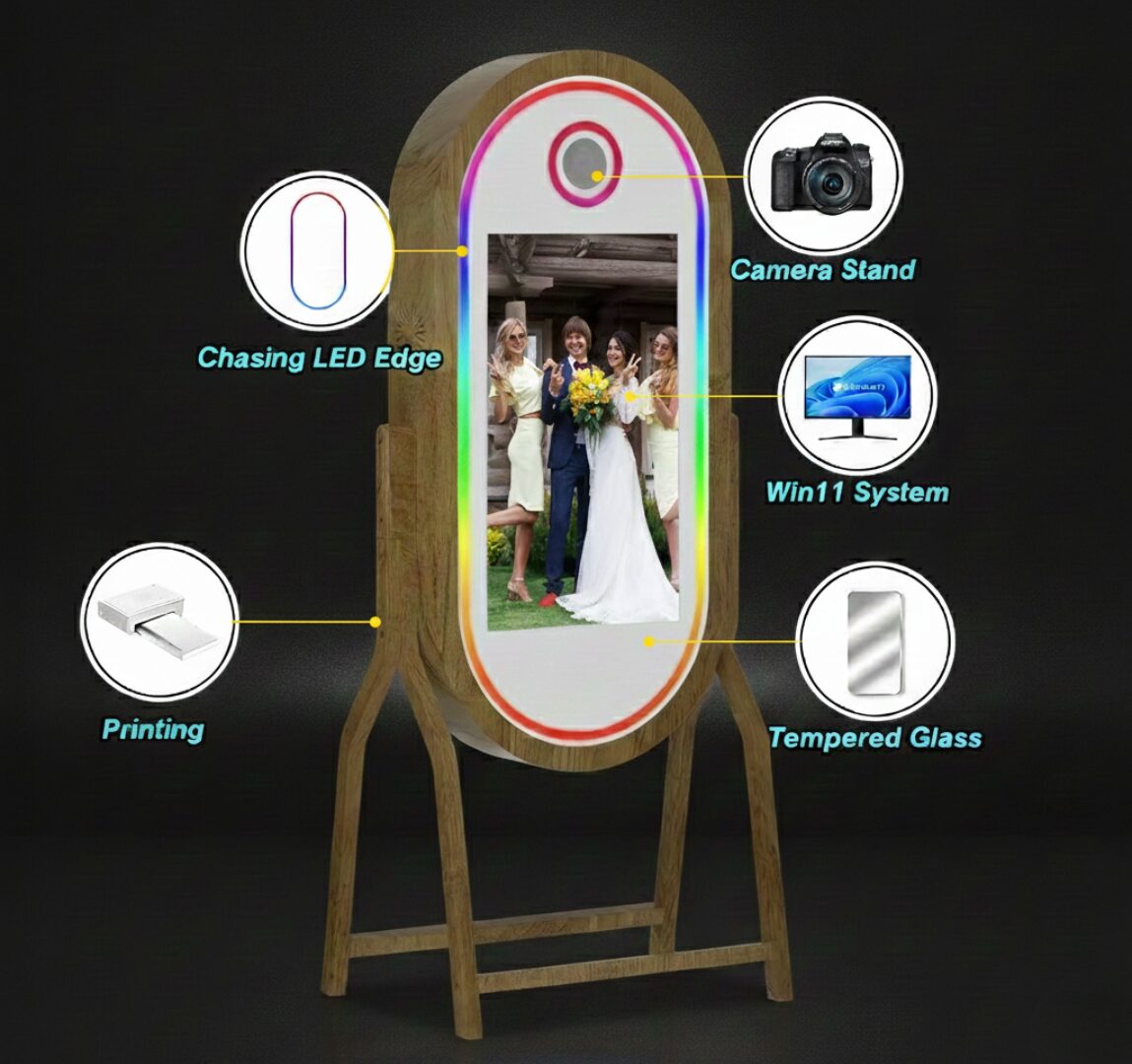 Complete Wooden Magic Mirror Photo Booth Package – Instant Print Digital Mirror Booth with Canon Camera, Printer, Touch Screen & Flight Case - Image 4