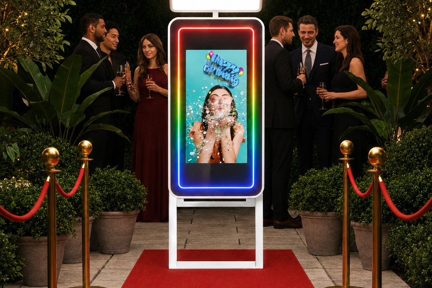 Magic mirror photo booth on a red carpet at a formal event