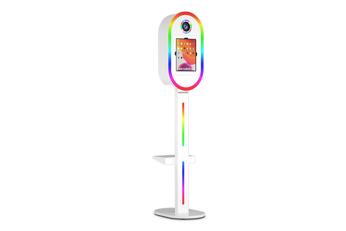 White iPad photo booth stand with RGB halo ring light and DSLR camera