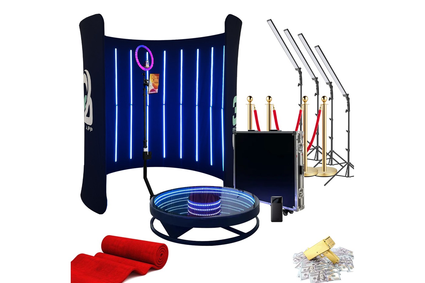 Everything included in a 360 photo booth package laid out: platform, enclosure, lights, stanchions, carpet, money gun and flight case