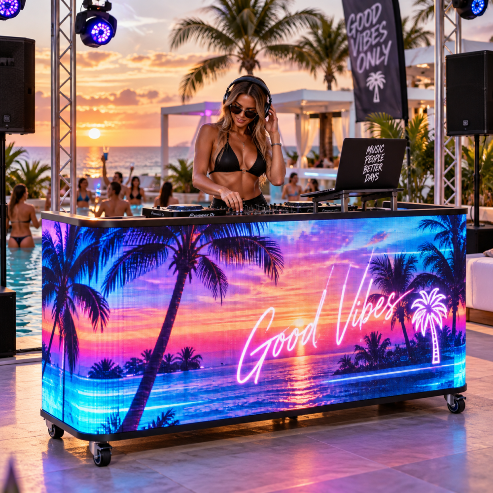 LED DJ Booth VPL DJ wraparound LED video wall on a rolling cabinet