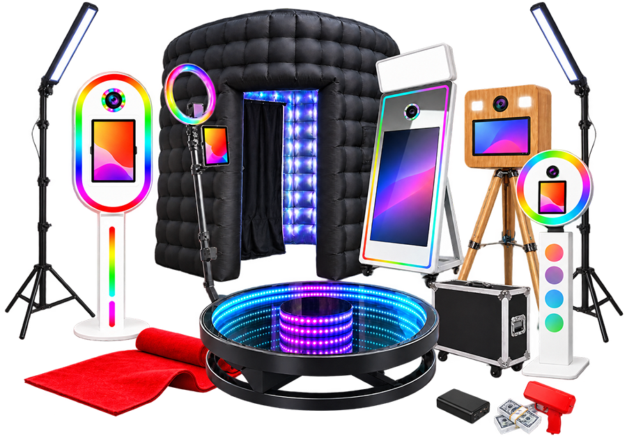 Booth King 360 photo booth, mirror booths, iPad booths, inflatable enclosure, ring light and flight case
